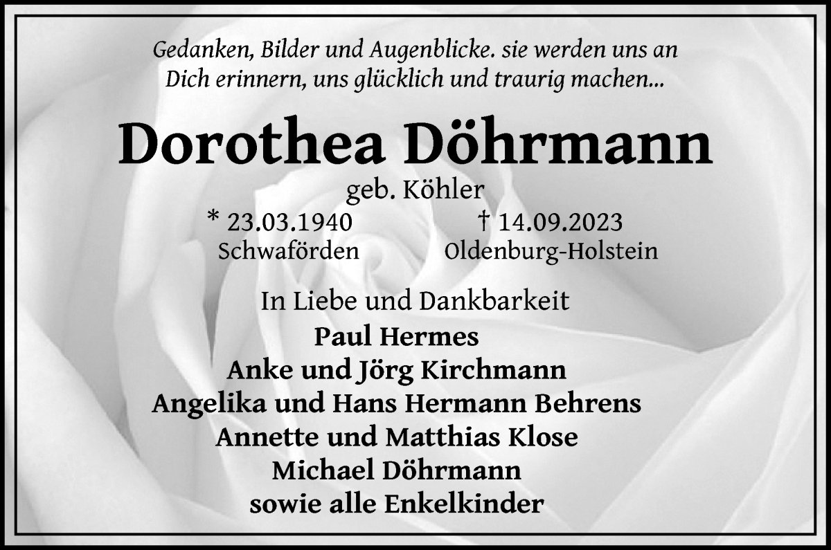 Traueranzeige von Dorothea Döhrmann von WESER-KURIER