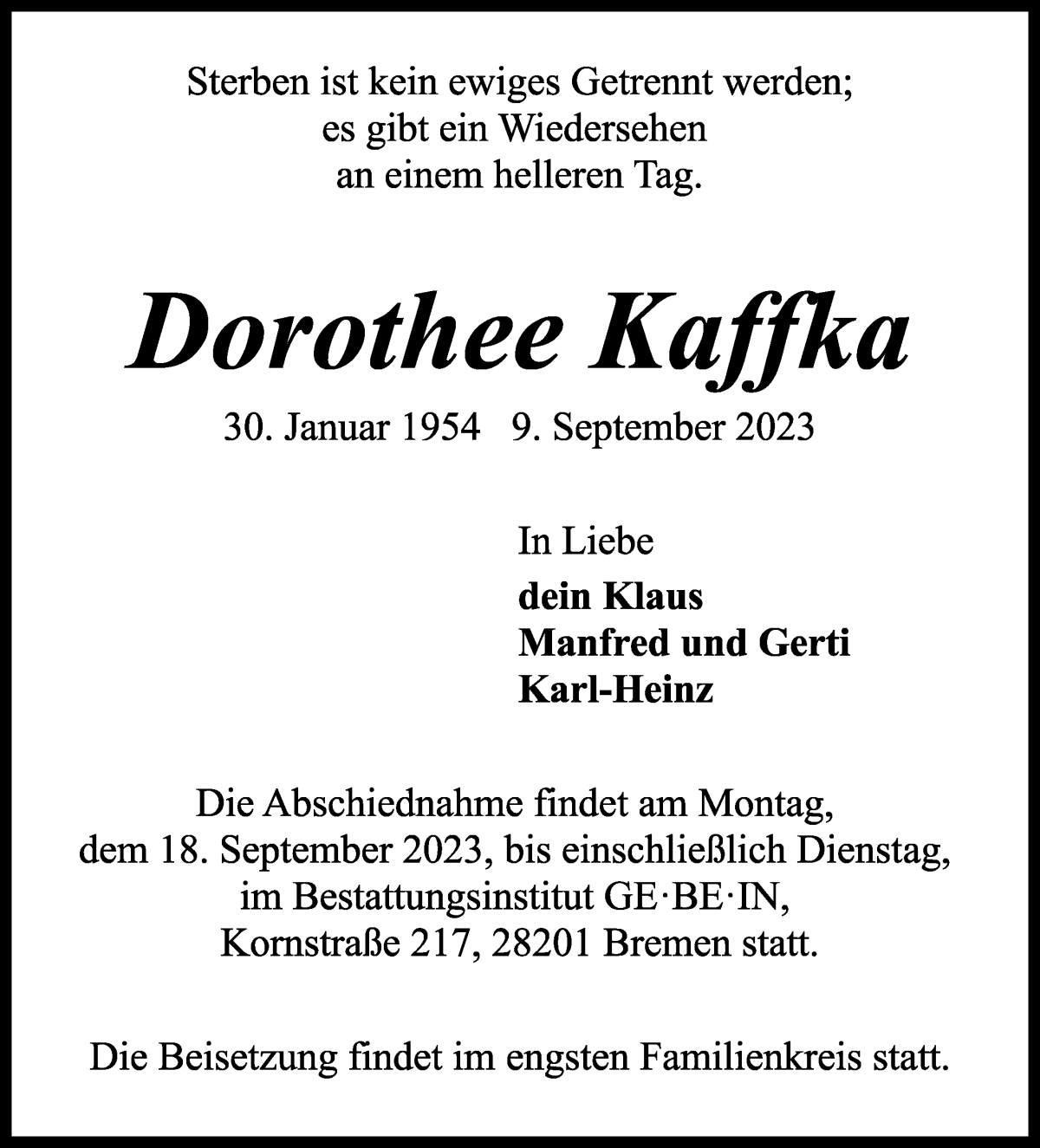 Traueranzeige von Dorothee Kaffka von WESER-KURIER