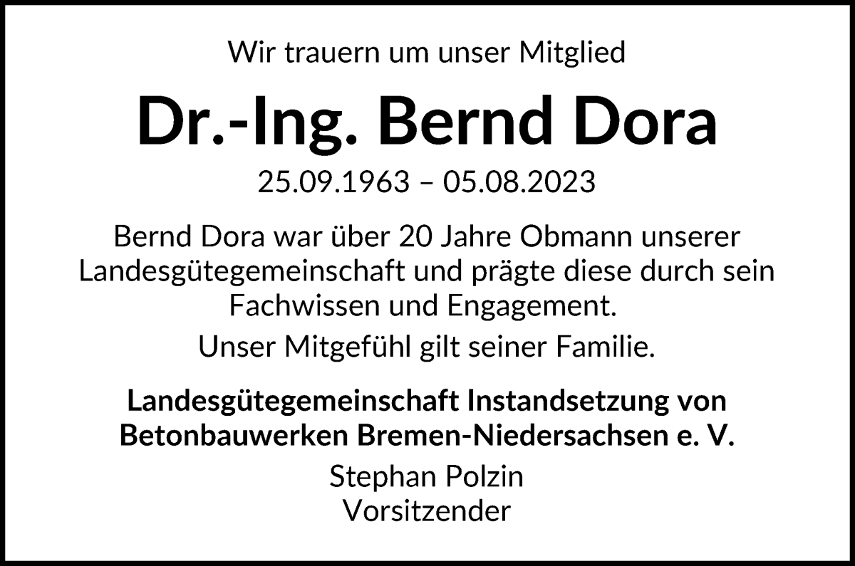 Traueranzeige von Dr. Ing. Bernd Dora von WESER-KURIER
