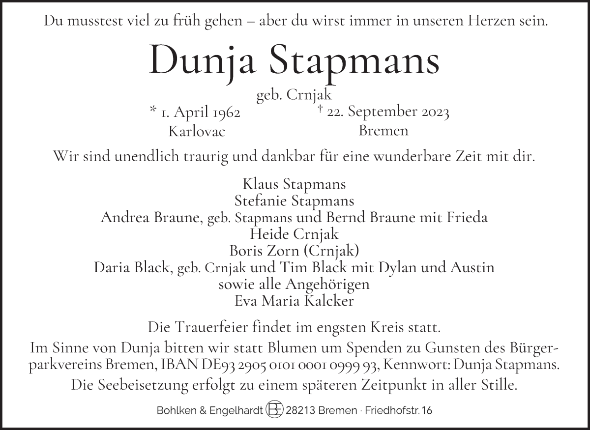 Traueranzeige von Dunja Stapmans von WESER-KURIER