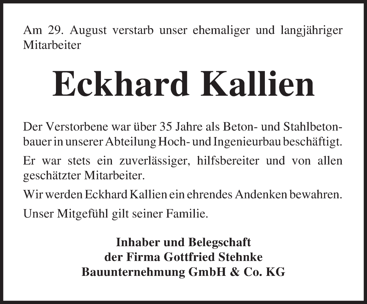 Traueranzeige von Eckhard Kallien von Osterholzer Kreisblatt