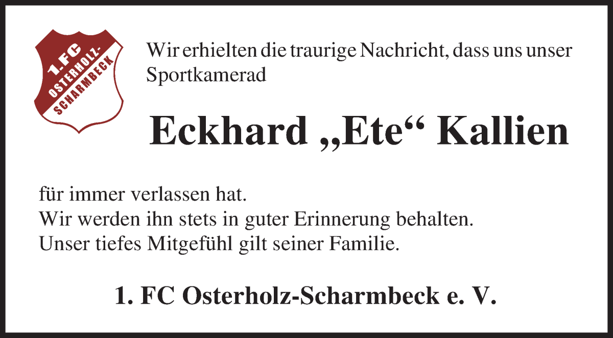 Traueranzeige von Eckhard Kallien von Osterholzer Kreisblatt