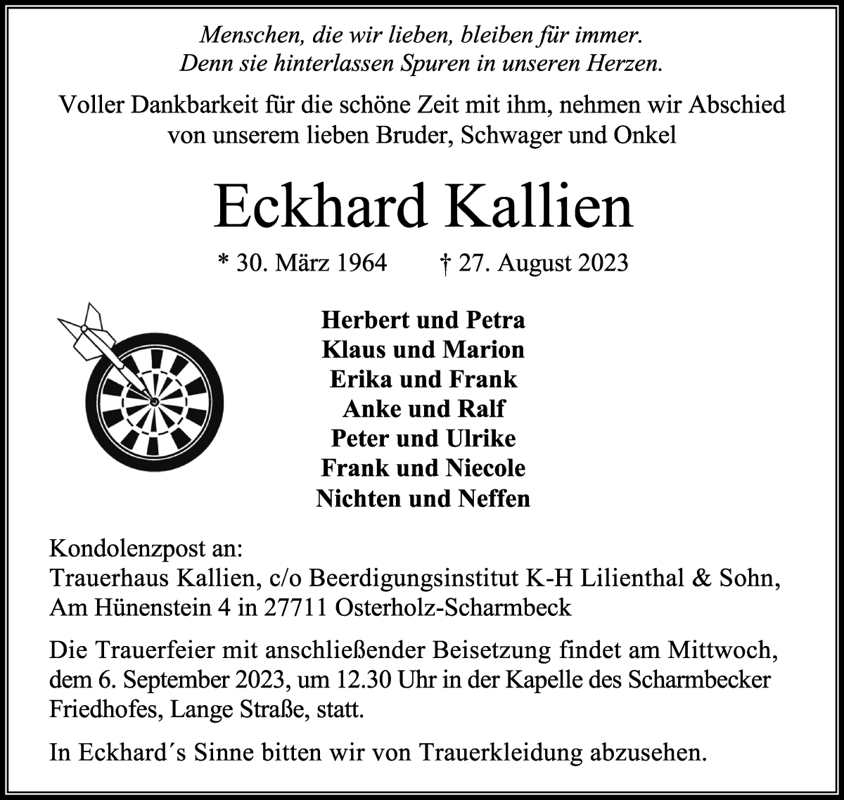 Traueranzeige von Eckhard Kallien von Osterholzer Kreisblatt