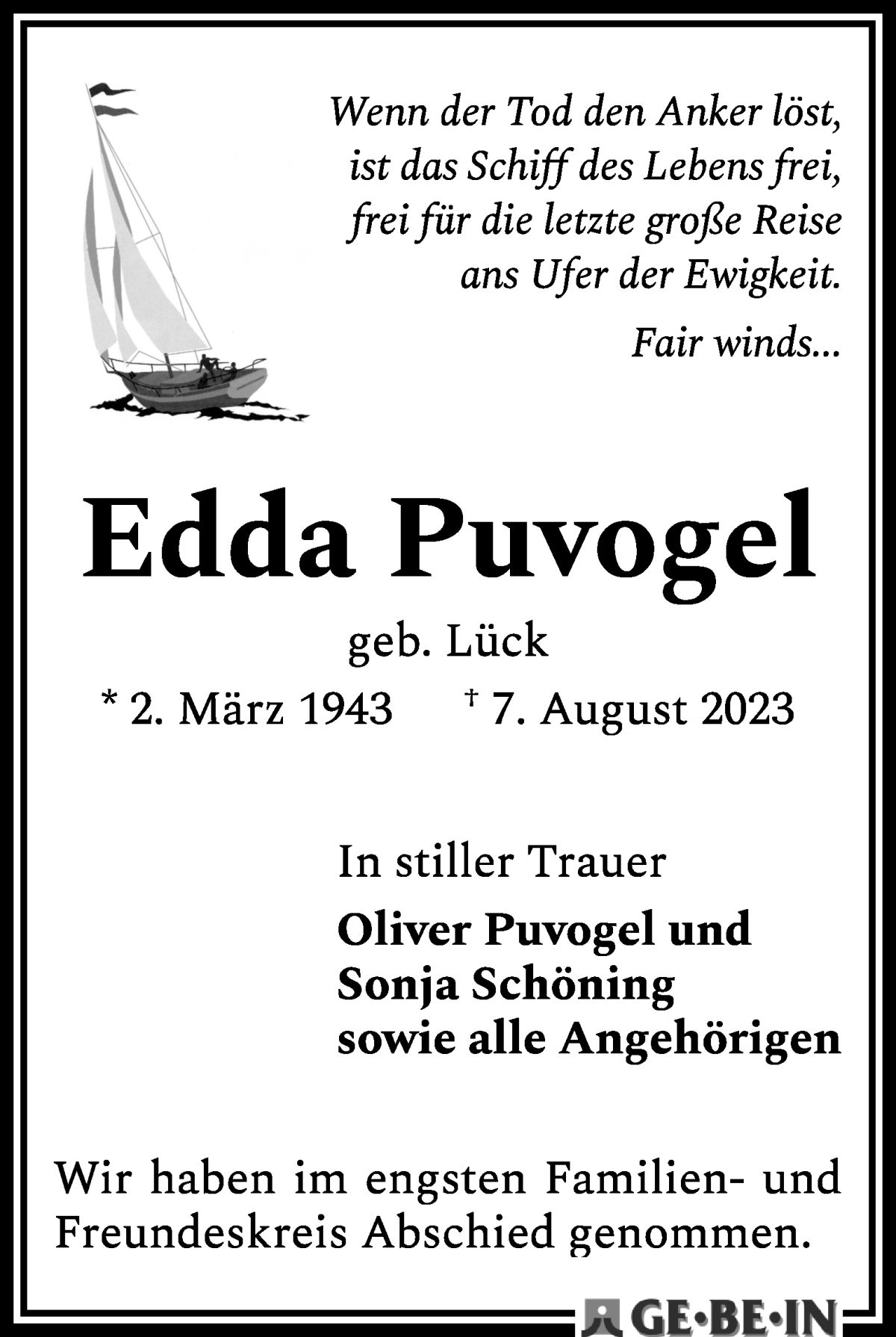 Traueranzeige von Edda Puvogel von WESER-KURIER