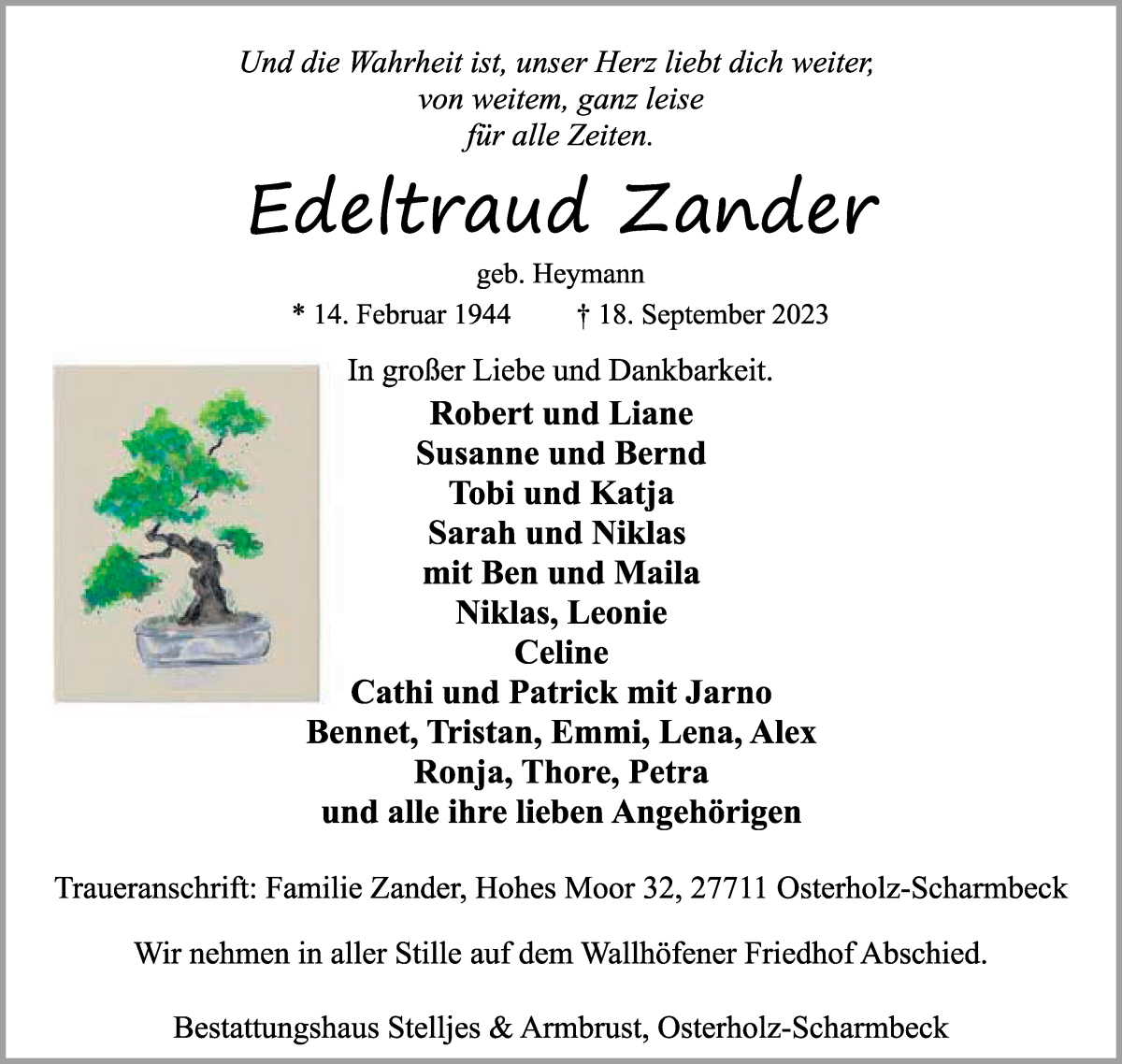 Traueranzeige von Edeltraud Zander von Osterholzer Kreisblatt