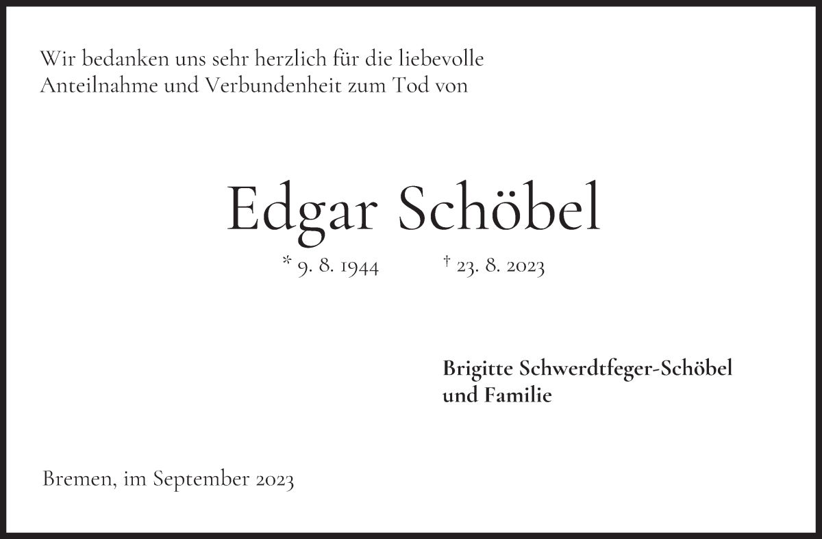 Traueranzeige von Edgar Schöbel von WESER-KURIER