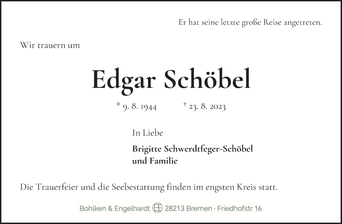 Traueranzeige von Edgar Schöbel von WESER-KURIER