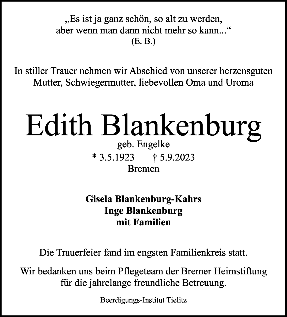 Traueranzeige von Edith Blankenburg von WESER-KURIER