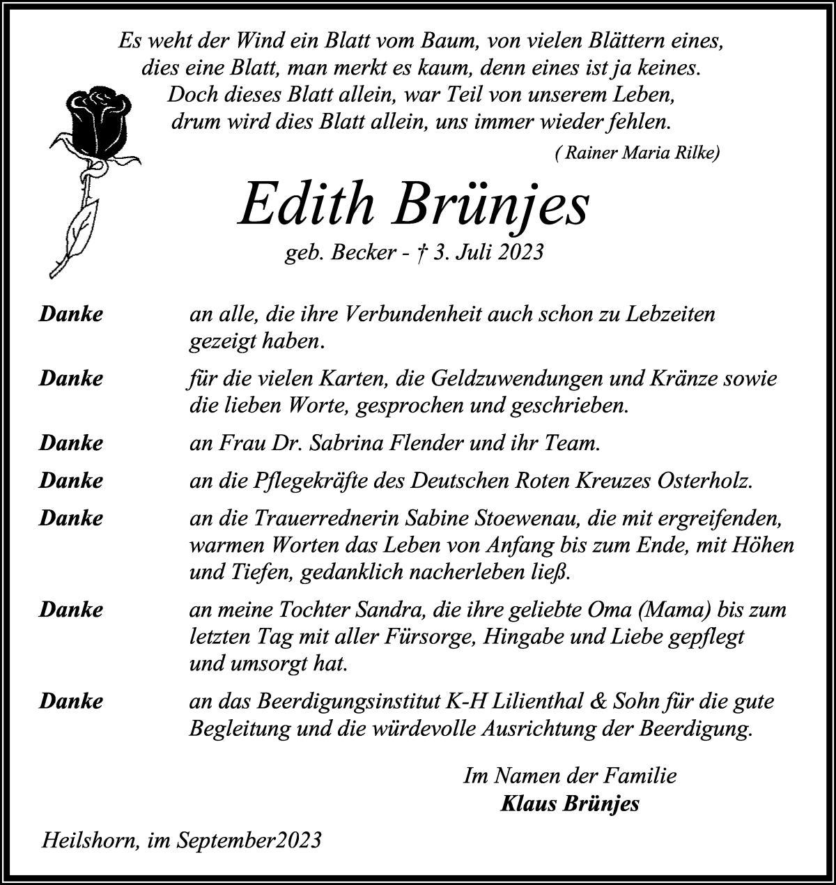 Traueranzeige von Edith Brünjes von Osterholzer Kreisblatt
