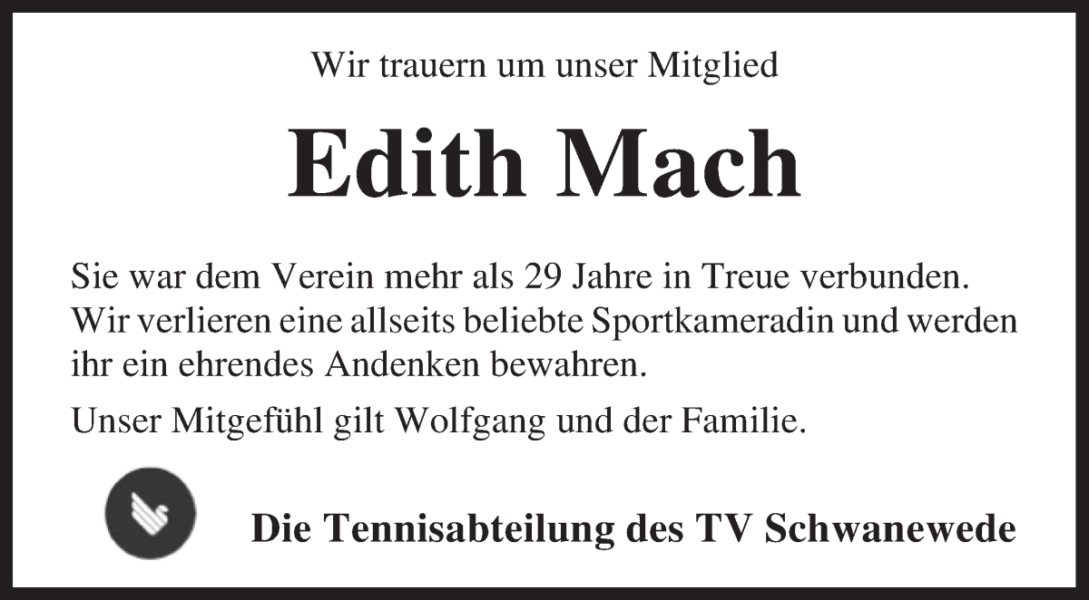 Traueranzeige von Edith Mach von Die Norddeutsche