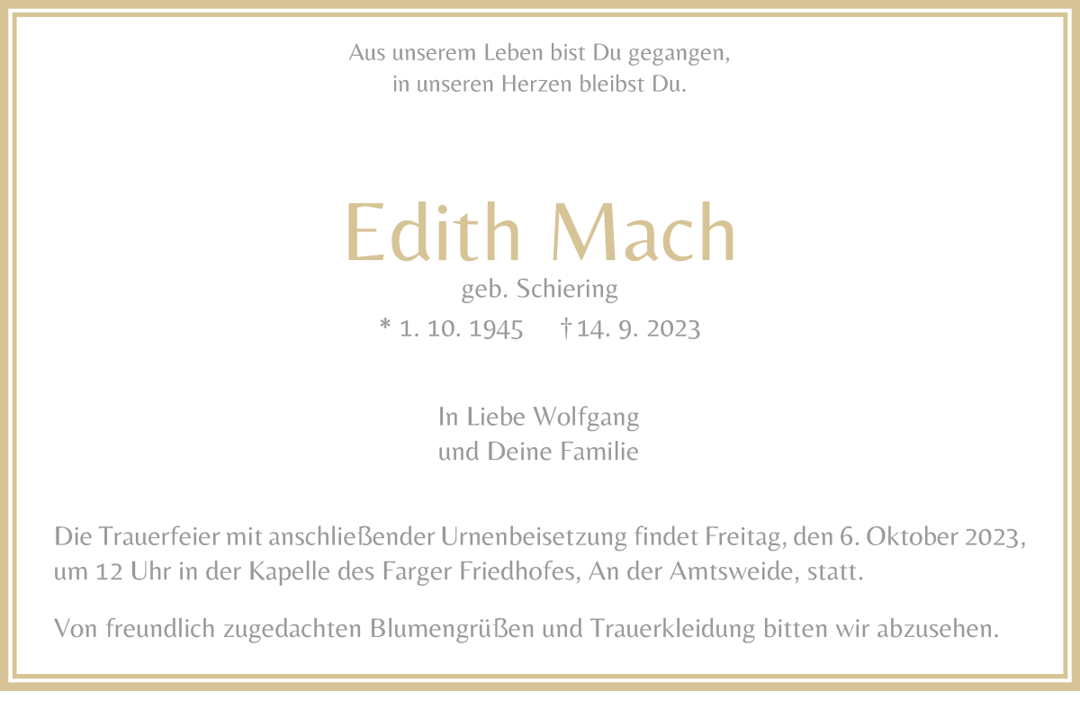 Traueranzeige von Edith Mach von Die Norddeutsche