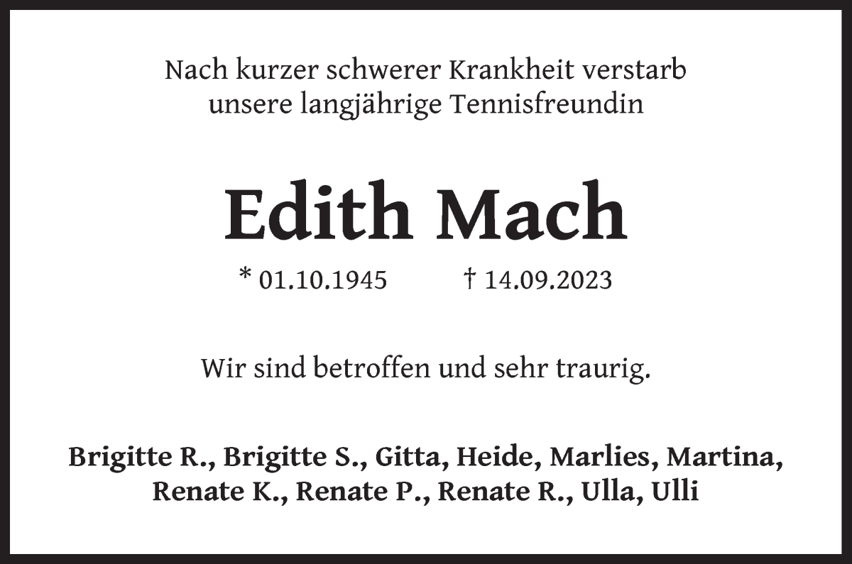 Traueranzeige von Edith Mach von Die Norddeutsche