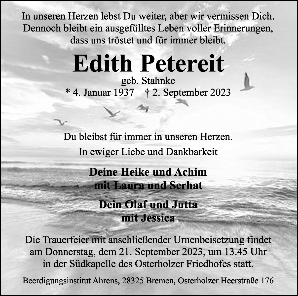 Traueranzeige von Edith Petereit von WESER-KURIER
