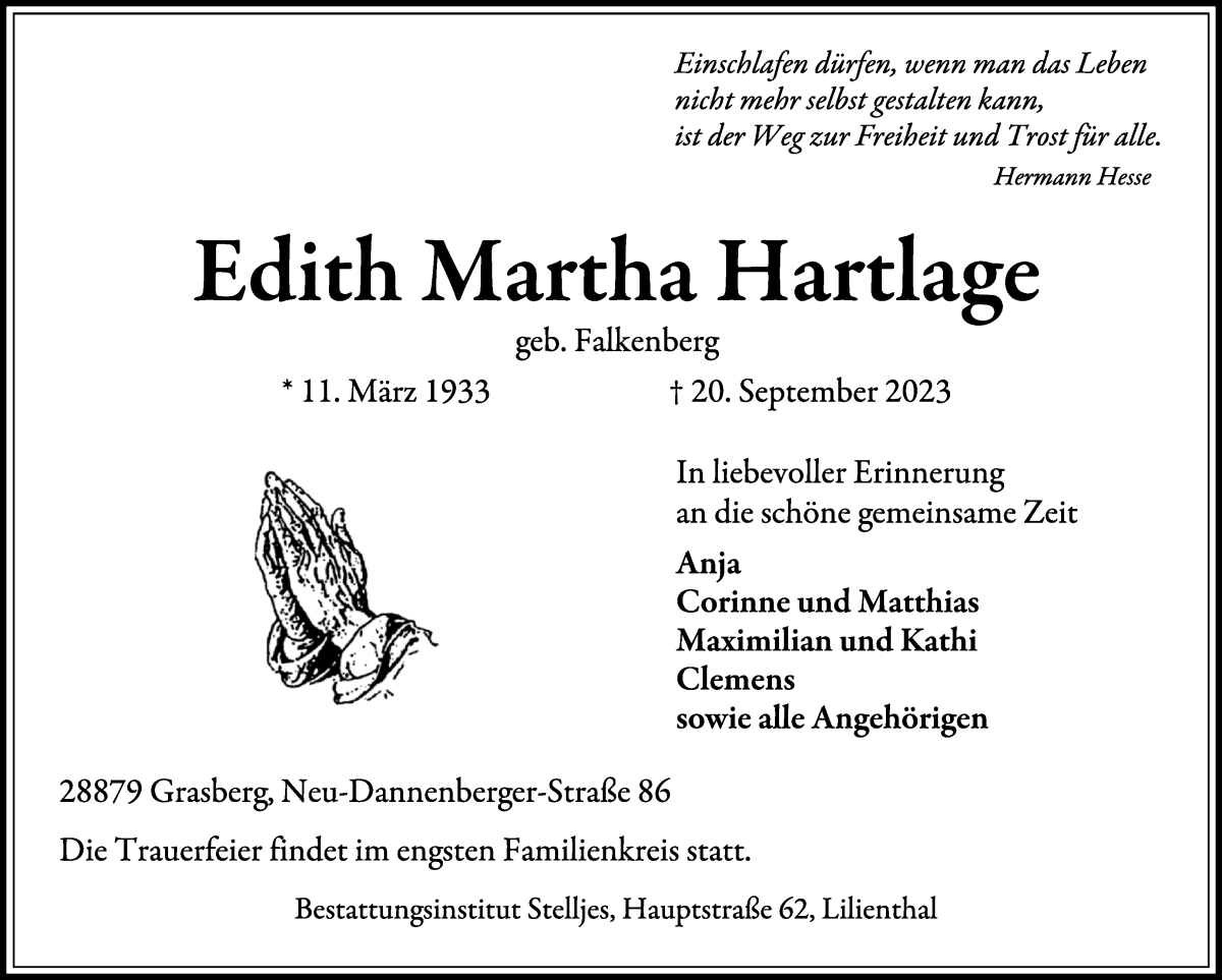 Traueranzeige von Edith Martha Hartlage von Wuemme Zeitung