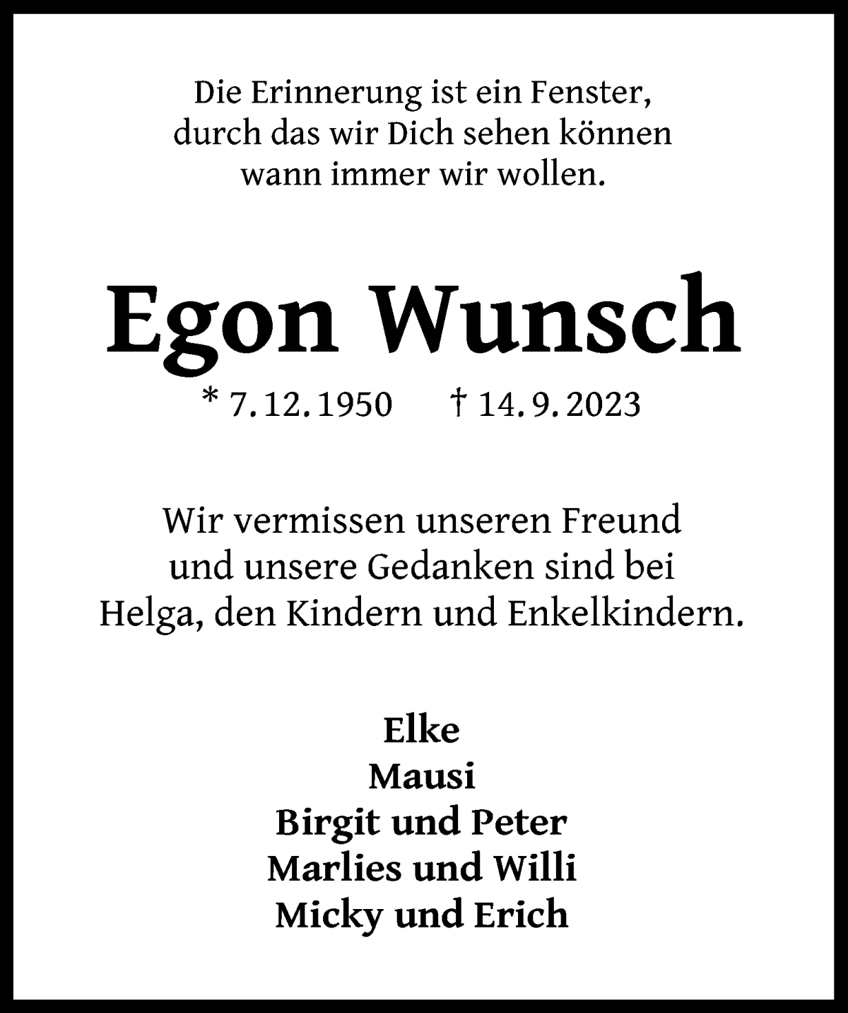 Traueranzeige von Egon Wunsch von WESER-KURIER