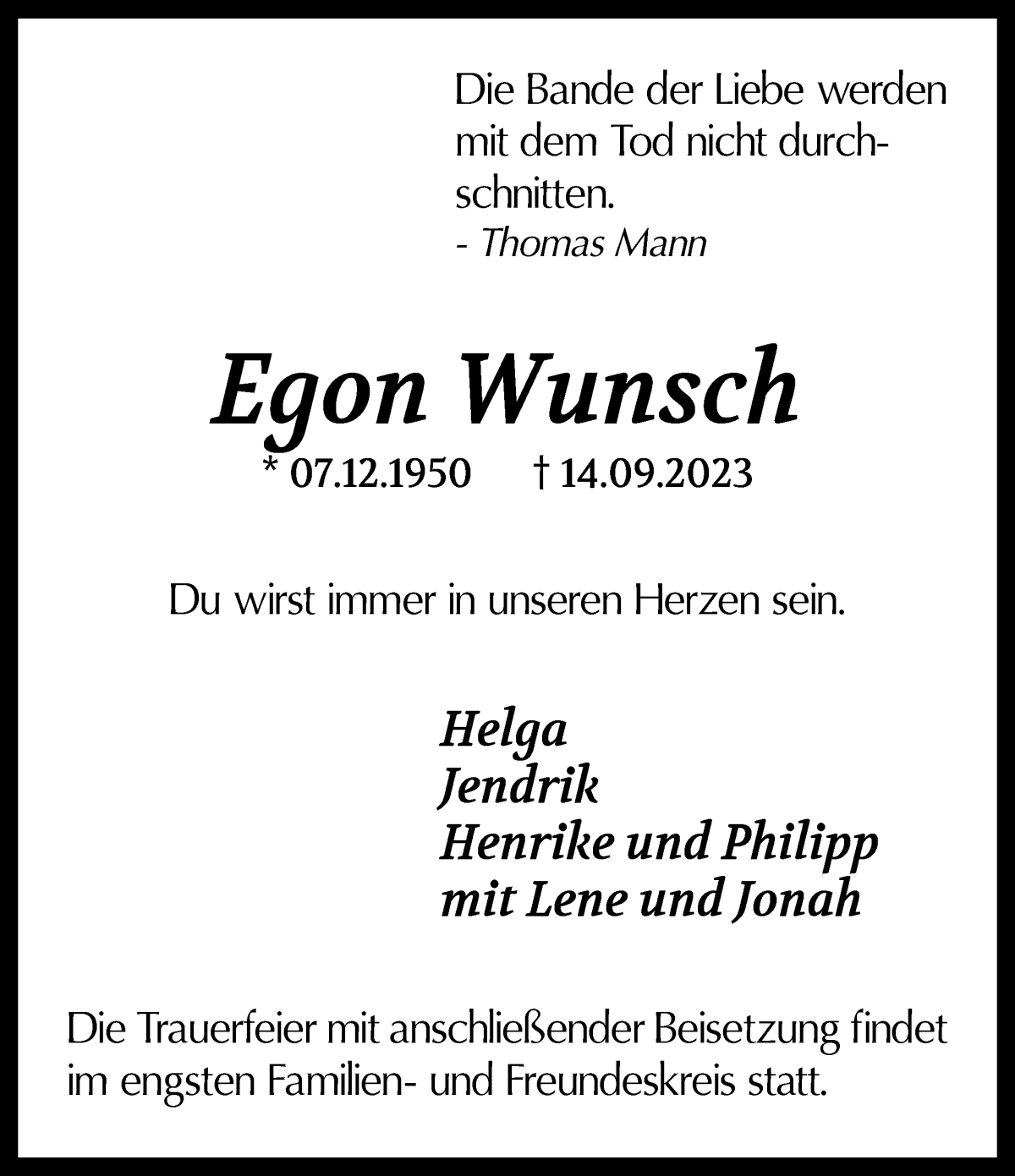 Traueranzeige von Egon Wunsch von WESER-KURIER