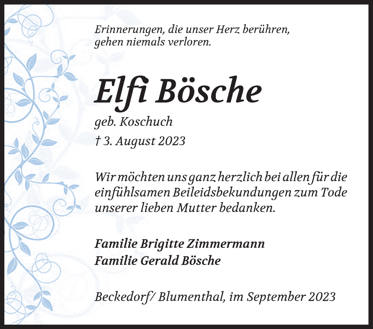 Traueranzeige von Elfi Bösche von Die Norddeutsche