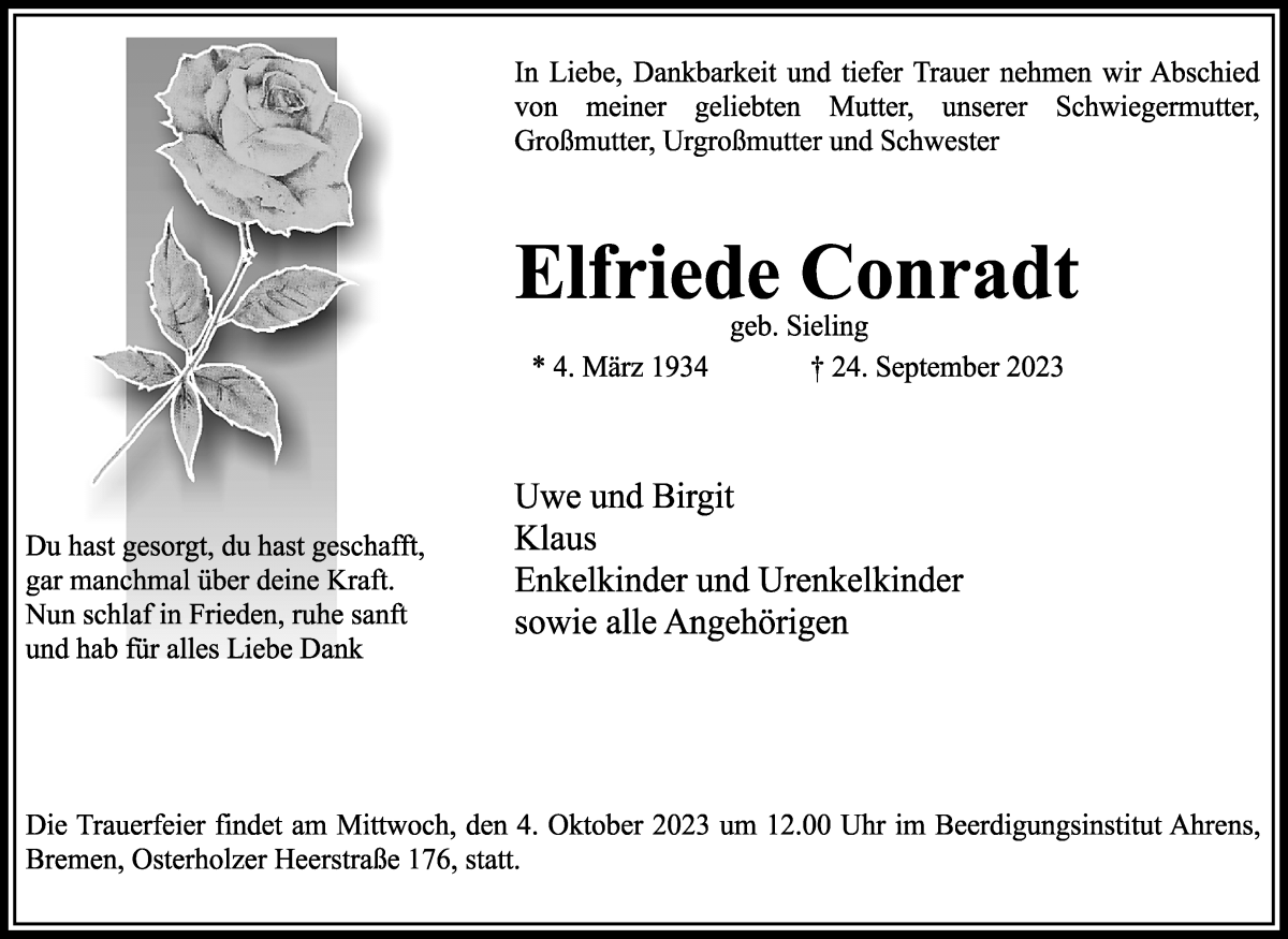 Traueranzeige von Elfriede Conradt von WESER-KURIER