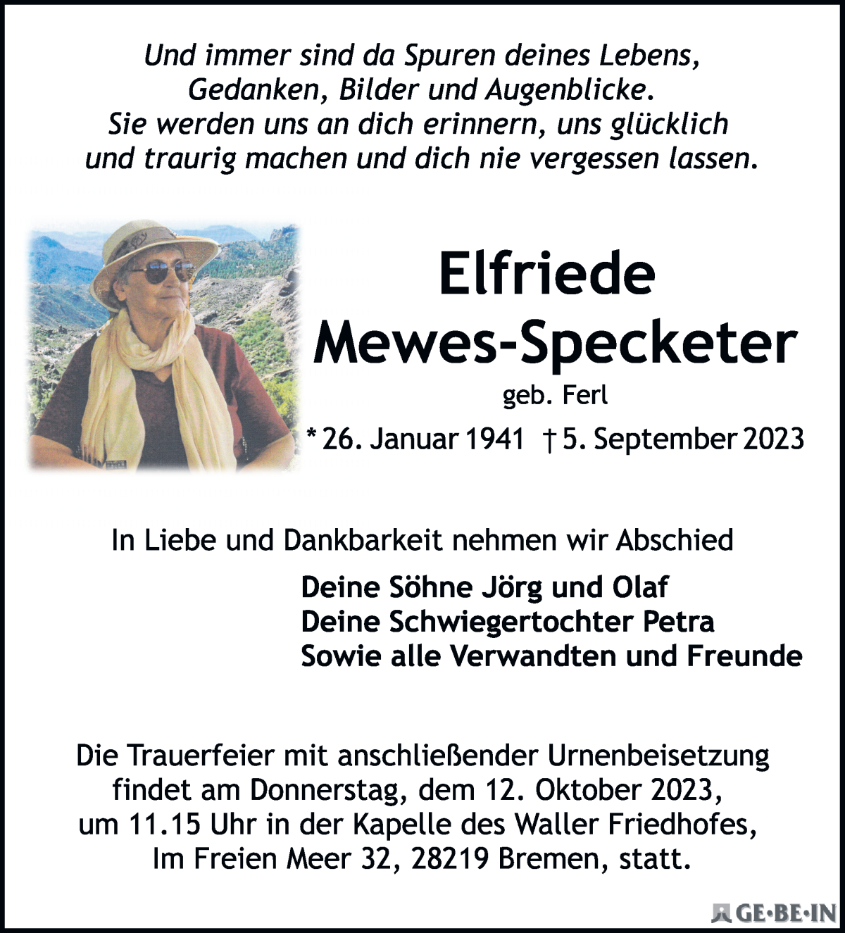 Traueranzeige von Elfriede Mewes-Speckete von WESER-KURIER