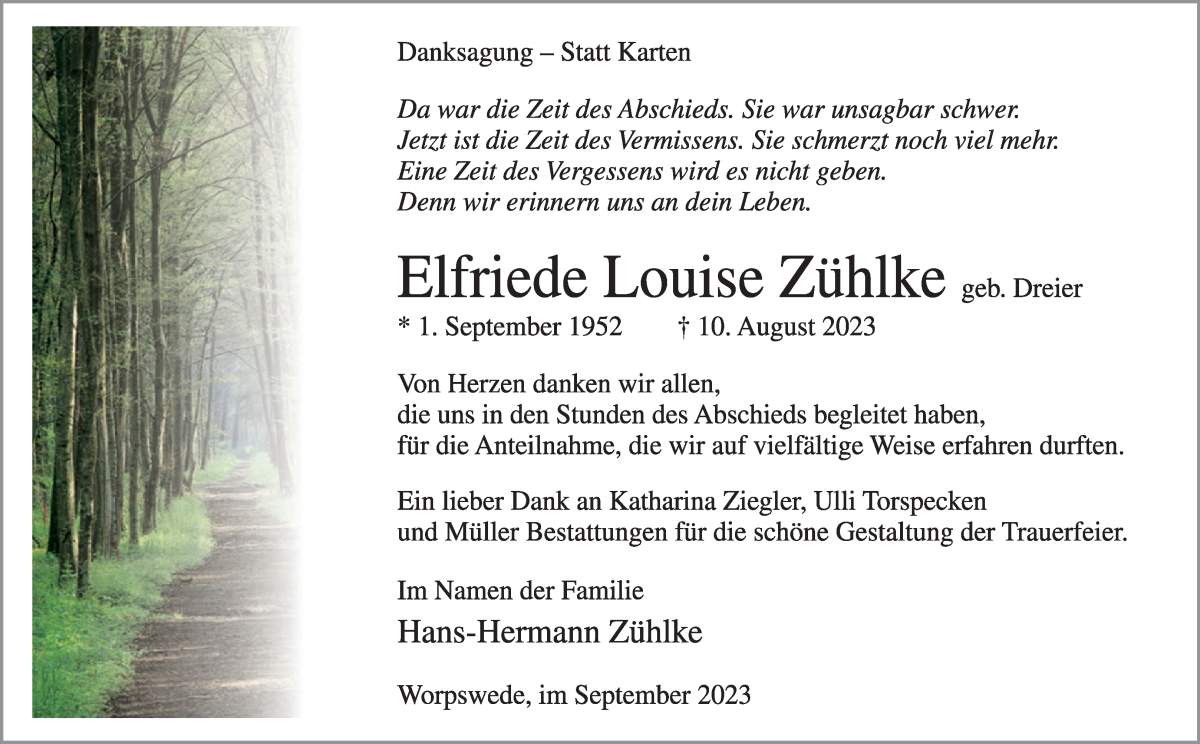 Traueranzeige von Elfriede Louise Zühlke von Wuemme Zeitung