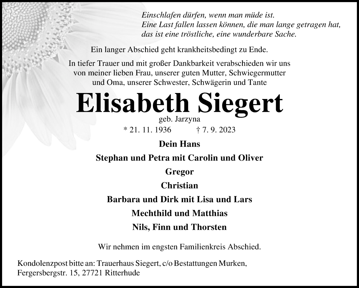 Traueranzeige von Elisabeth Siegert von WESER-KURIER