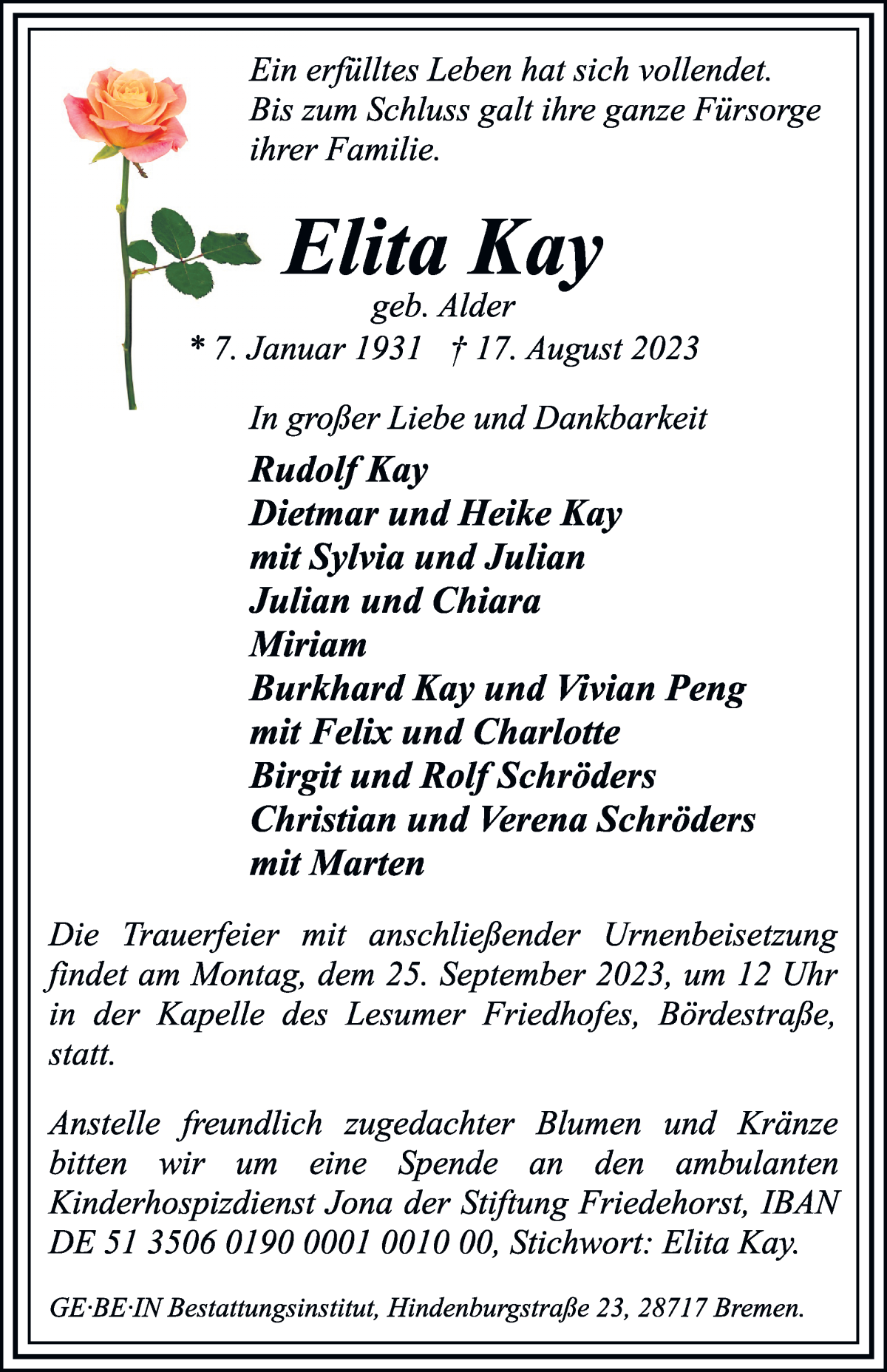 Traueranzeige von Elita Kay von WESER-KURIER