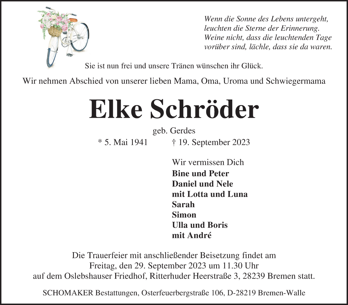Traueranzeige von Elke Schröder von WESER-KURIER