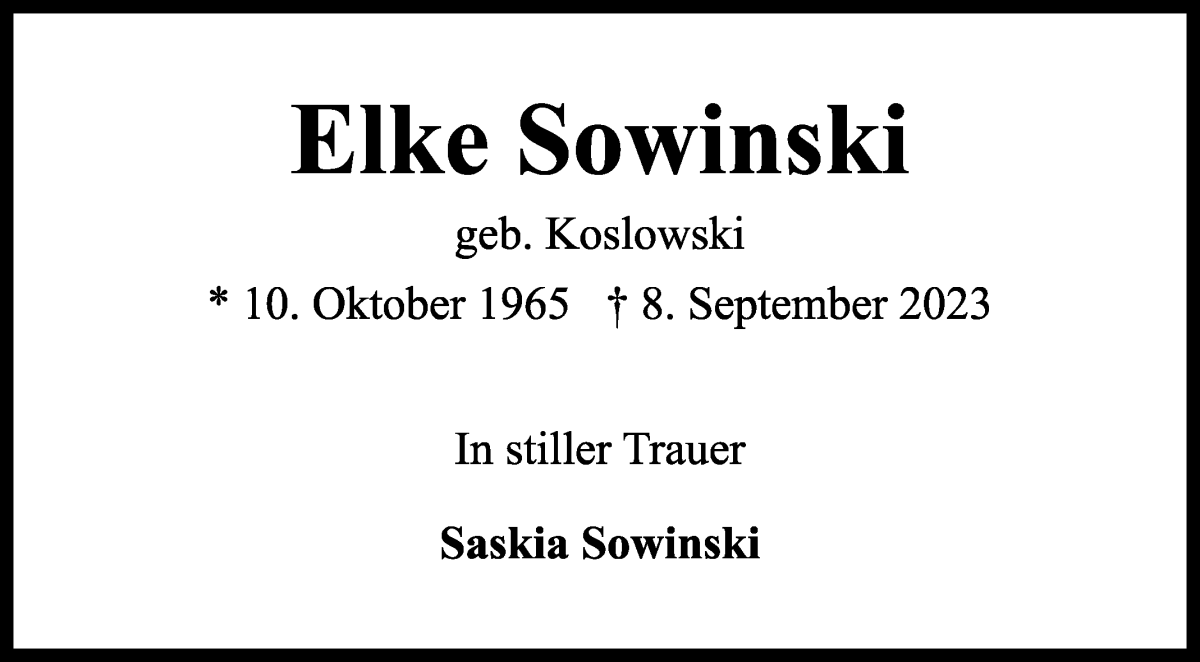 Traueranzeige von Elke Sowinski von Die Norddeutsche