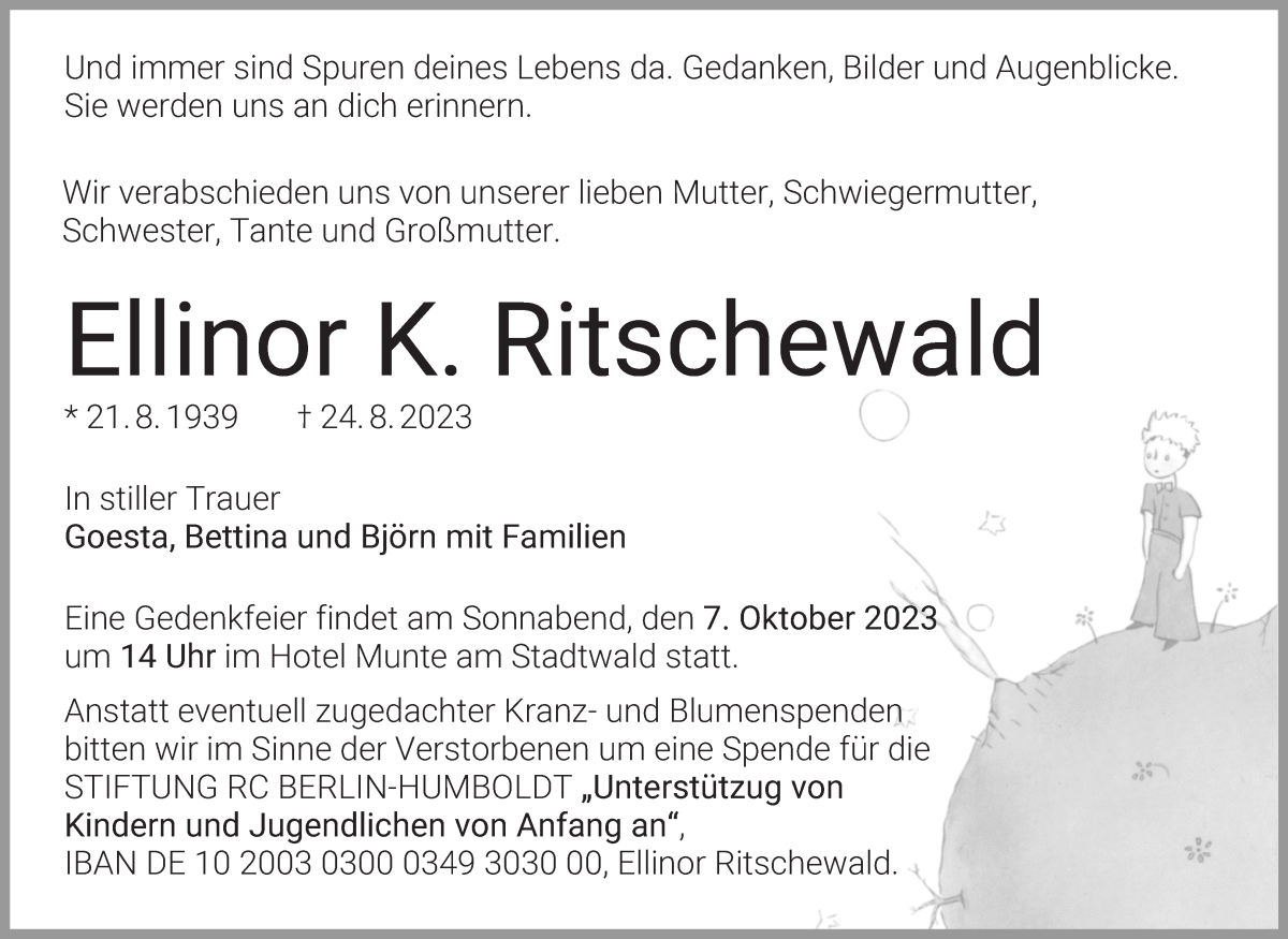 Traueranzeige von Ellinor K. Ritschewald von WESER-KURIER