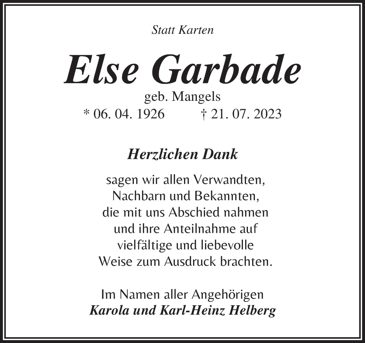 Traueranzeige von Else Garbade von Osterholzer Kreisblatt