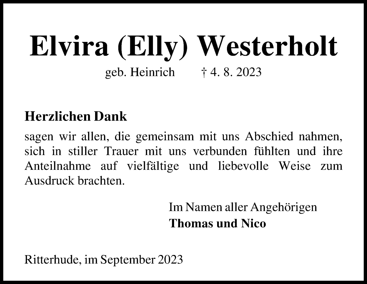 Traueranzeige von Elvira Westerholt von Osterholzer Kreisblatt