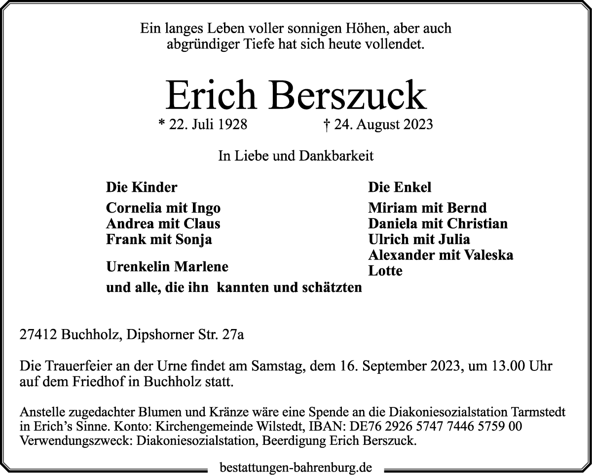 Traueranzeige von Erich Berszuck von Wuemme Zeitung