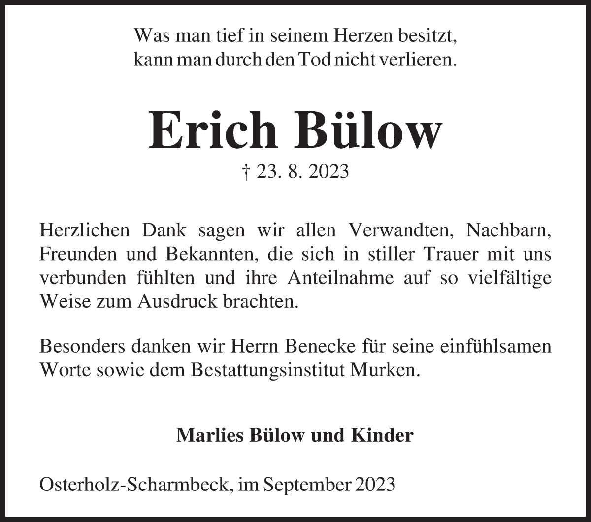 Traueranzeige von Erich Bülow von Osterholzer Kreisblatt