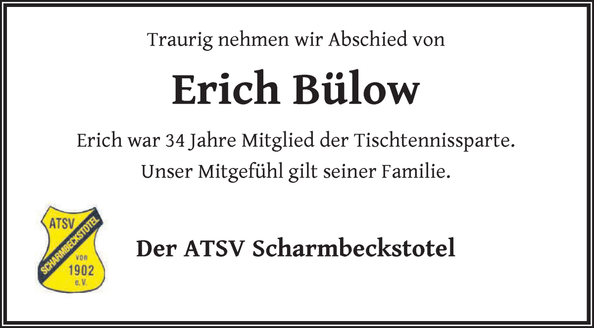 Traueranzeige von Erich Bülow von Osterholzer Kreisblatt