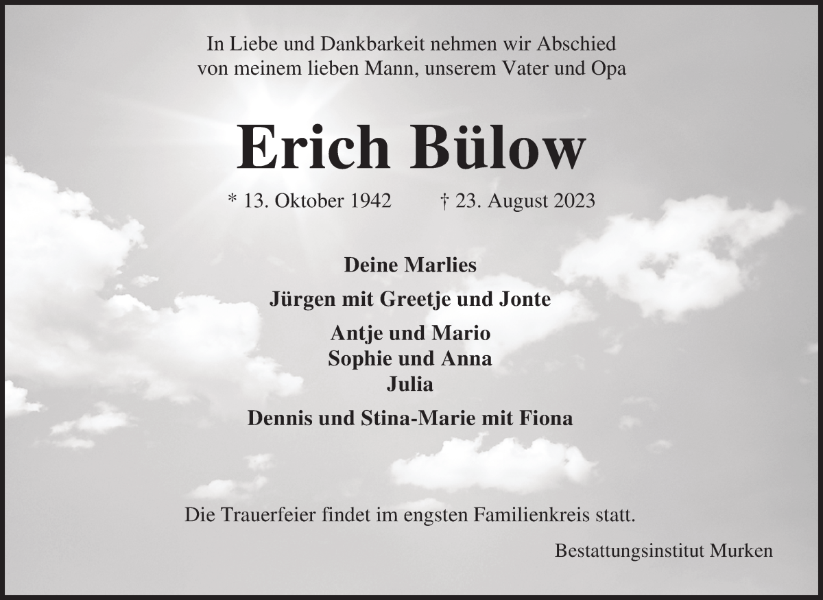Traueranzeige von Erich Bülow von Osterholzer Kreisblatt