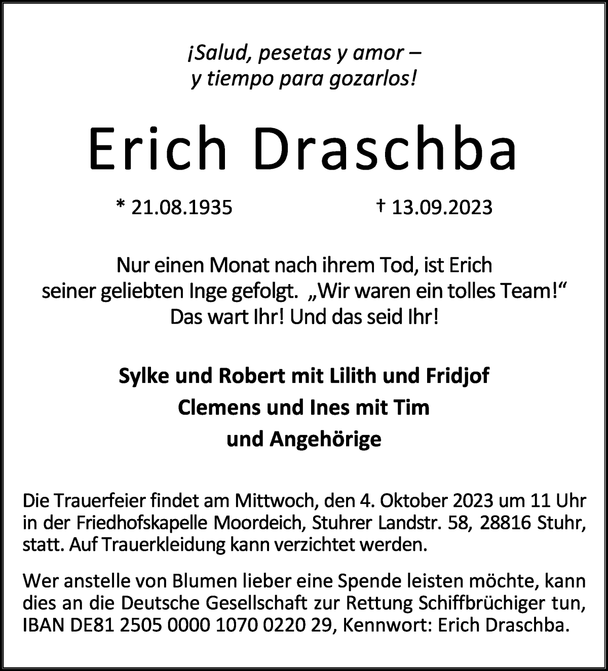 Traueranzeige von Erich Draschba von WESER-KURIER