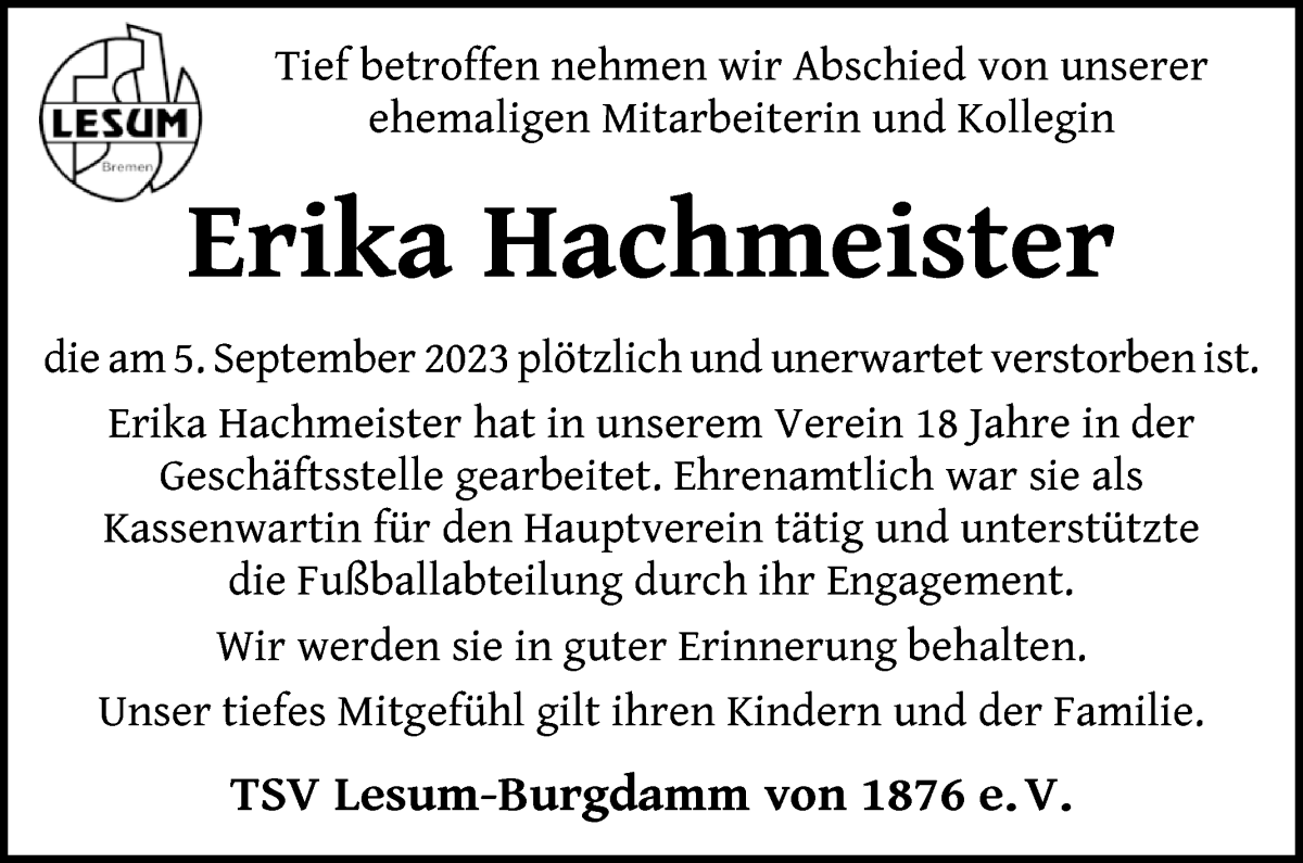 Traueranzeige von Erika Hachmeister von Die Norddeutsche