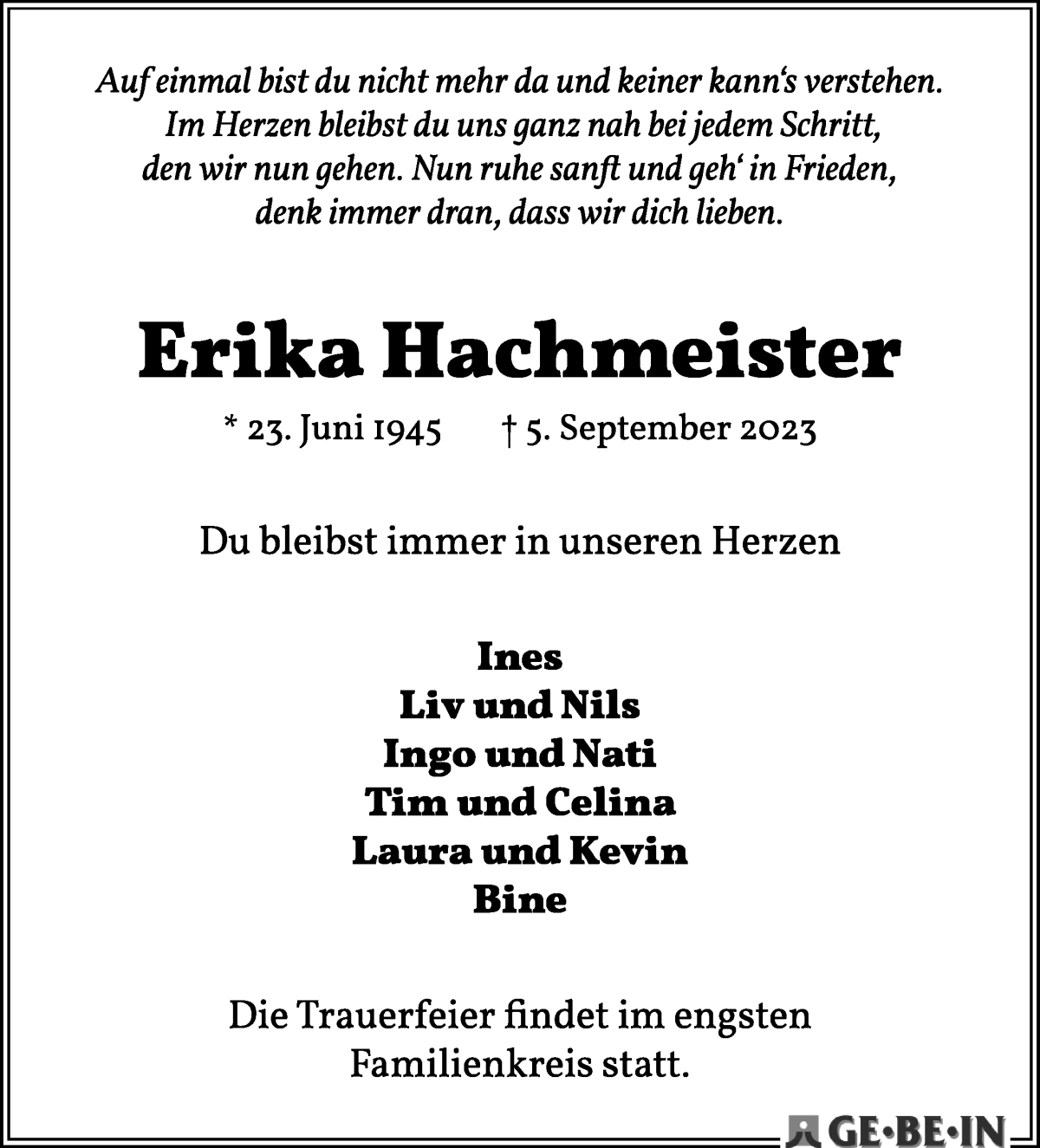 Traueranzeige von Erika Hachmeister von Die Norddeutsche