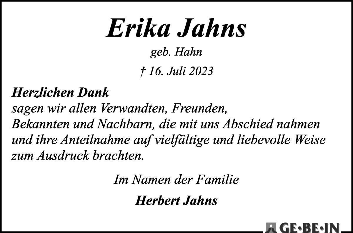 Traueranzeige von Erika Jahns von WESER-KURIER