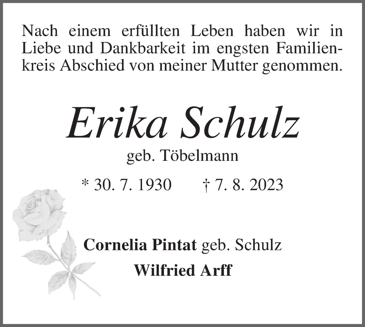 Traueranzeige von Erika Schulz von WESER-KURIER