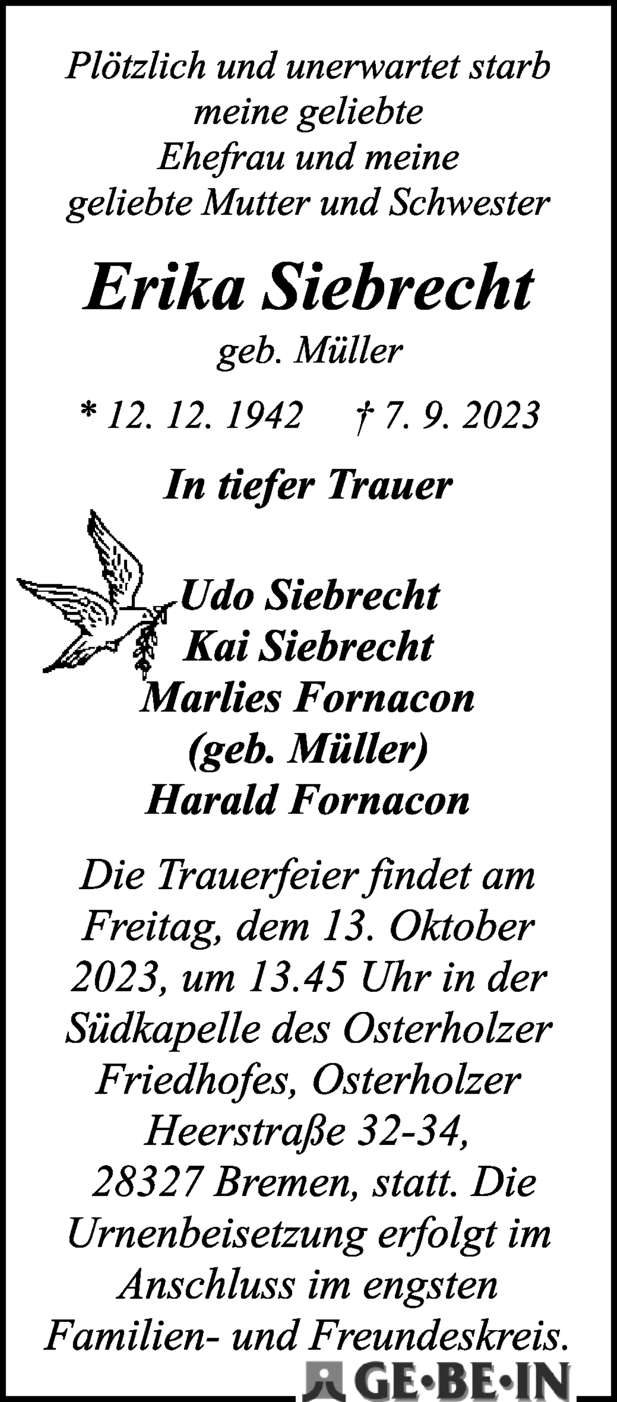 Traueranzeige von Erika Siebrecht von WESER-KURIER