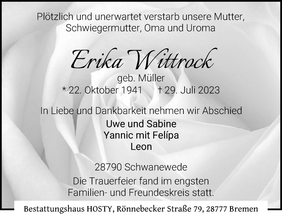 Traueranzeige von Erika Wittrock von Die Norddeutsche