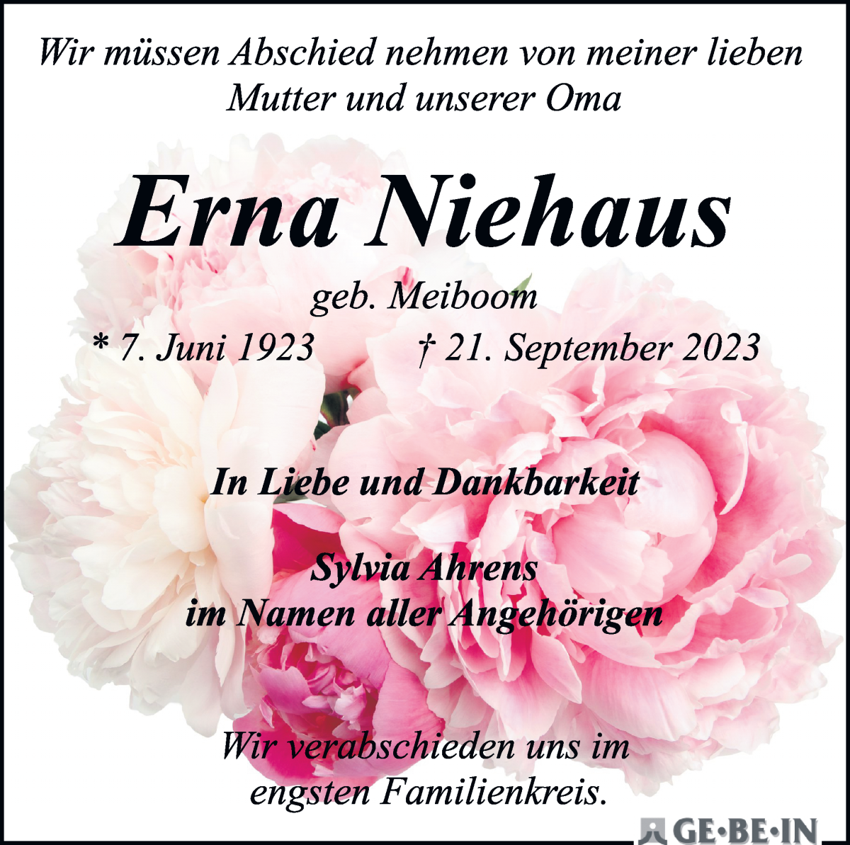 Traueranzeige von Erna Niehaus von WESER-KURIER