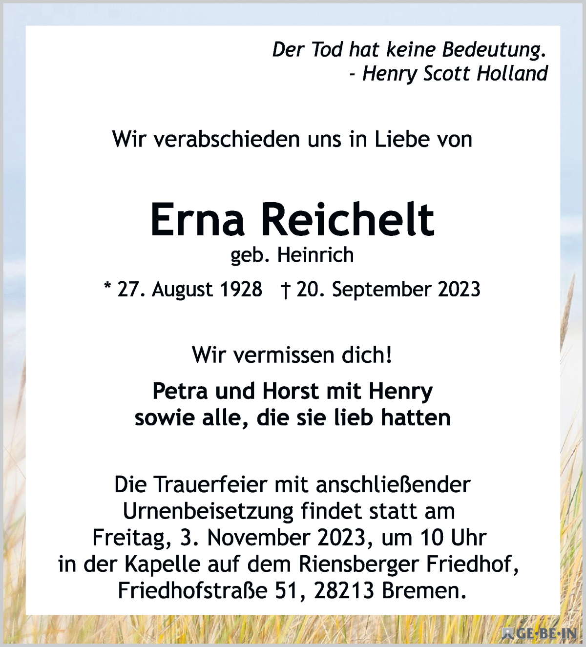 Traueranzeige von Erna Reichelt von WESER-KURIER