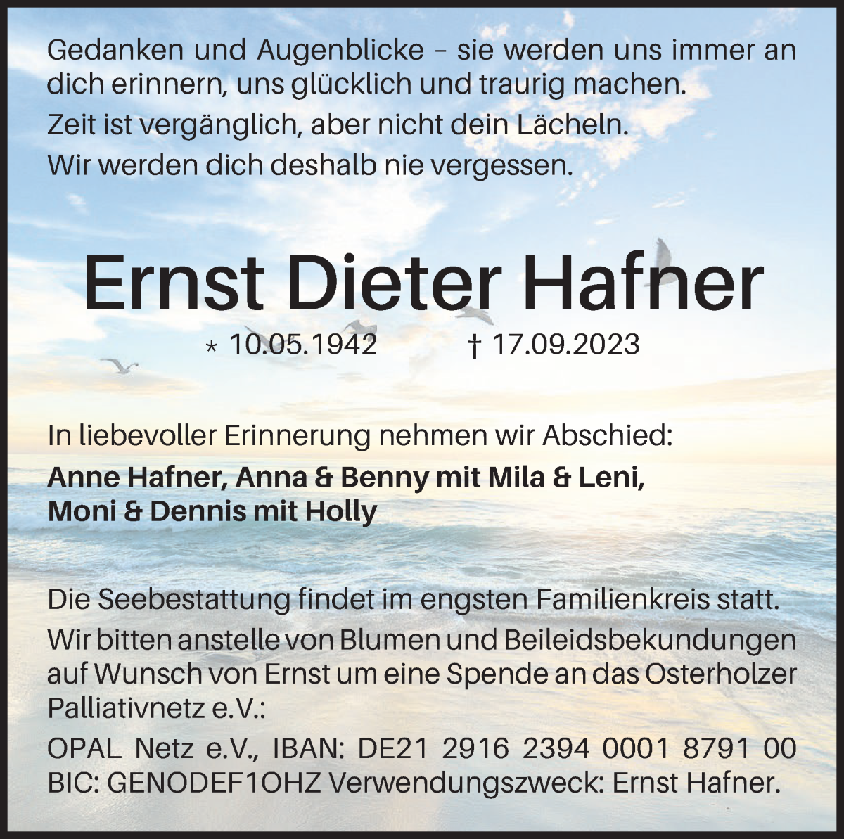 Traueranzeige von Ernst Dieter Hafner von Osterholzer Kreisblatt