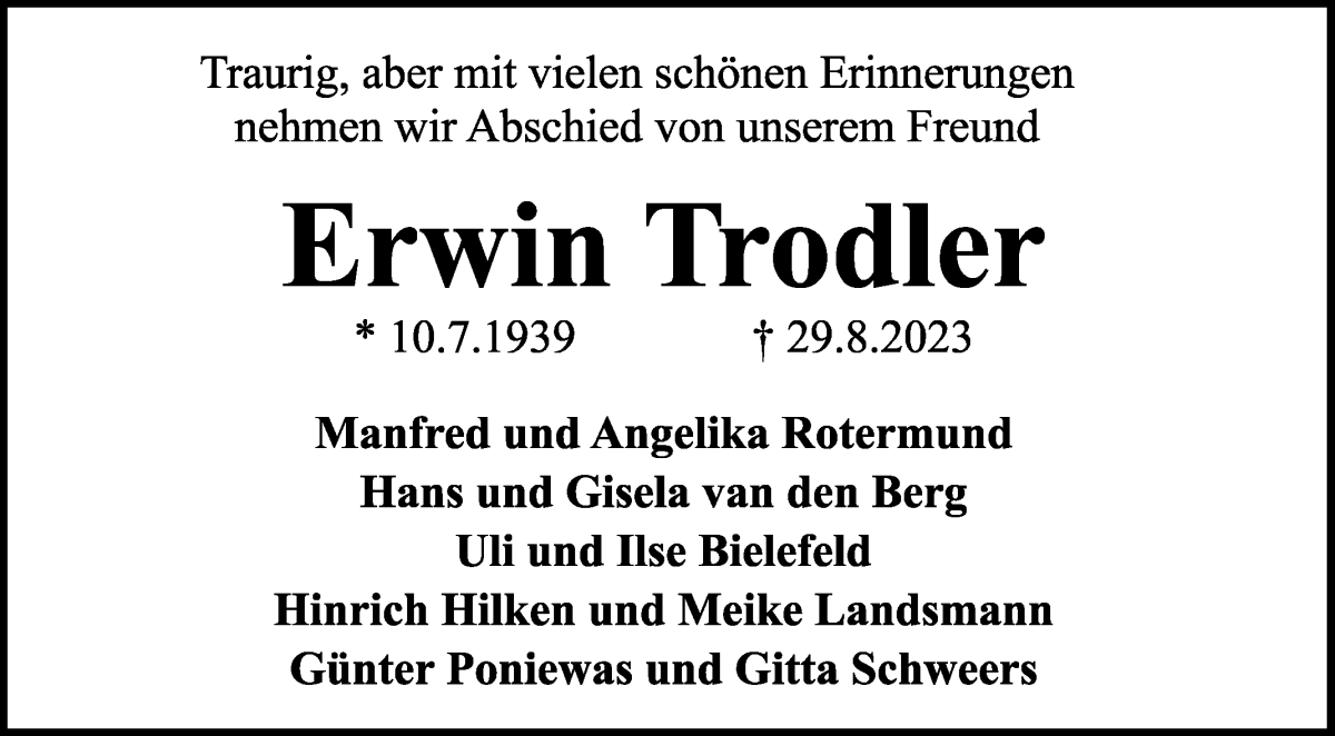 Traueranzeige von Erwin Trodler von WESER-KURIER