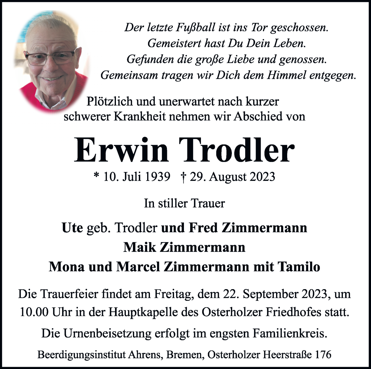 Traueranzeige von Erwin Trodler von WESER-KURIER