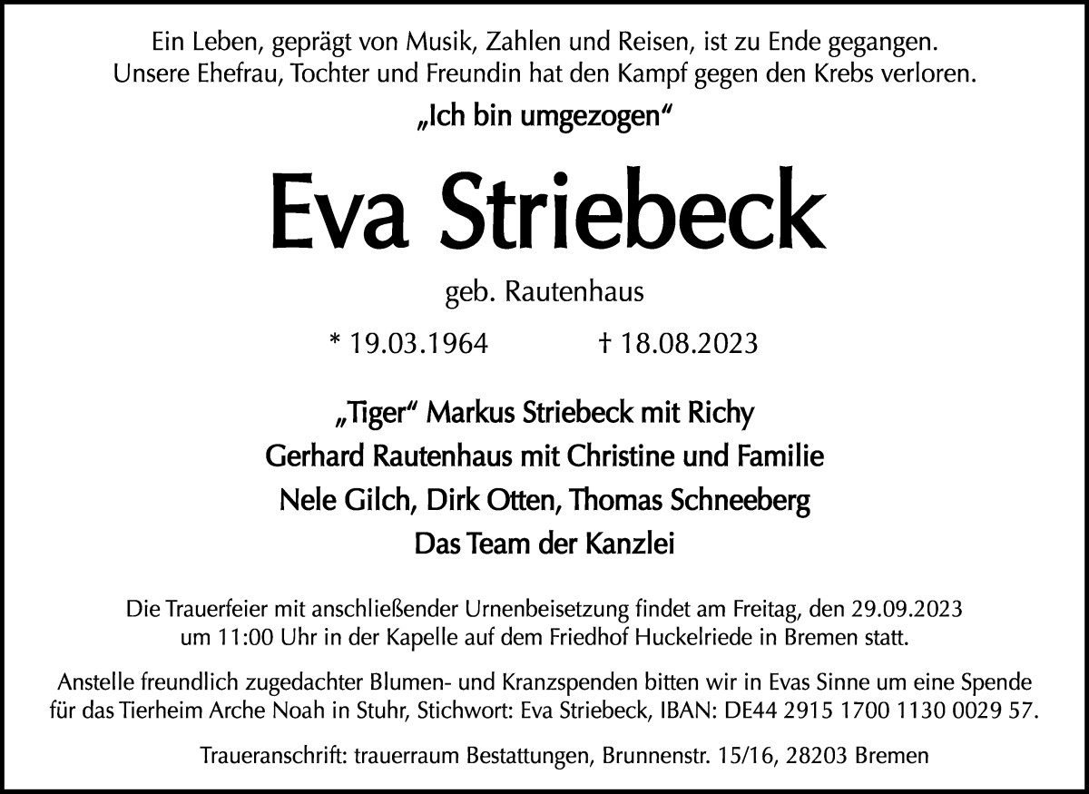 Traueranzeige von Eva Striebeck von WESER-KURIER