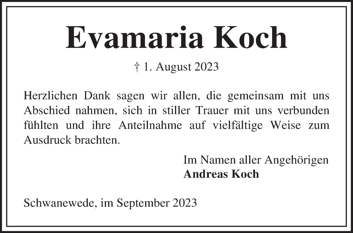 Traueranzeige von Evamaria Koch von Die Norddeutsche