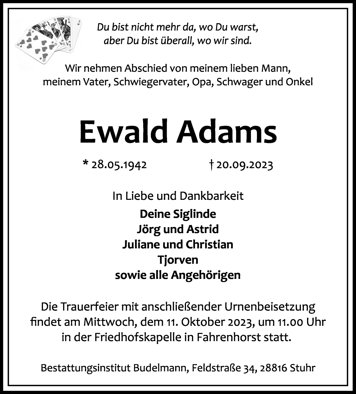 Traueranzeige von Ewald Adams von Regionale Rundschau/Syker Kurier